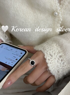 韩国简约高级感饰品 S925纯银黑玛瑙肌理纹戒指 开口指环女ins风