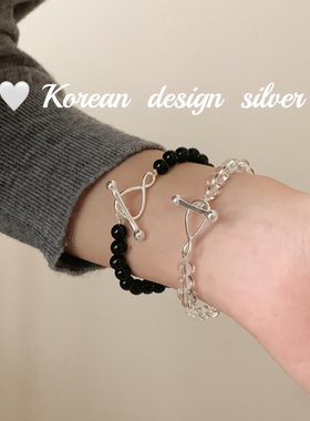 韩国ins风饰品 S925纯银手工白水晶黑玛瑙绳套扣手链 2o24新款女