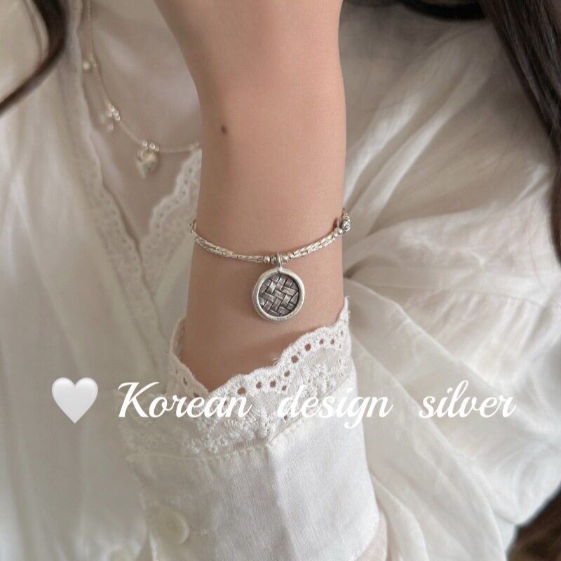 泰国清迈手工捶打银饰 S925纯银简约编织圆牌泰银双层切面竹节手