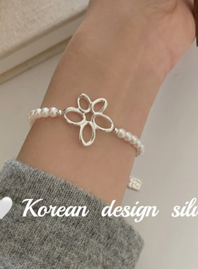 韩国小众设计简约手工饰品 S925纯银可爱镂空花朵珍珠手链叠戴ins