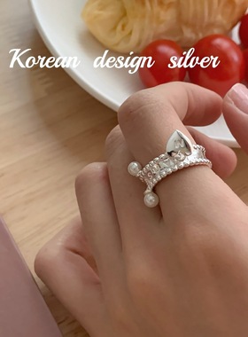 韩国小众设计饰品 S925纯银爱心形贝珠戒指 开口可调节级感指环