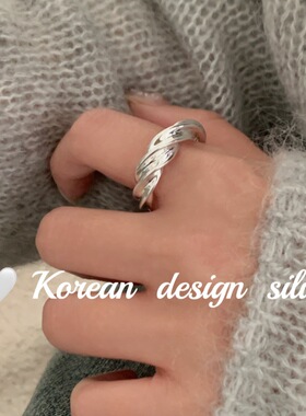 日系韩版小众设计感指环 S925纯银重工麻花大戒指叠戴ins亮银