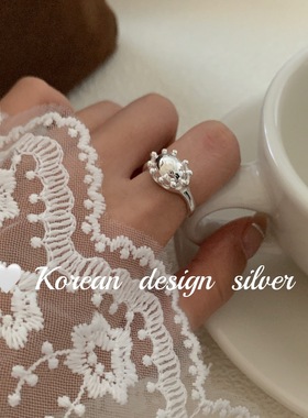 韩国花朵椭圆皇冠戒指 女食指环S925纯银小众设计时尚高级感手饰