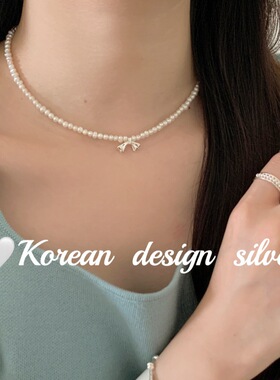 韩国ins风手工饰品 S925纯银温柔气质蝴蝶结天然珍珠项链叠戴