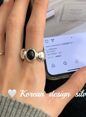 韩国小众设计饰品  通体S925纯银椭圆衔接黑玛瑙戒指 高级开口