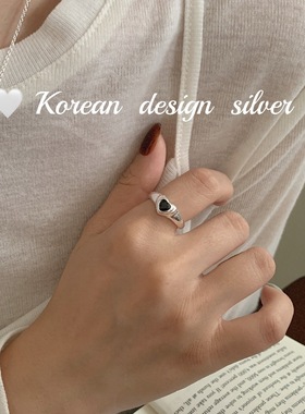 韩版S925纯银简约时尚几何黑钻锆石爱心形戒指 ins风开口指环女