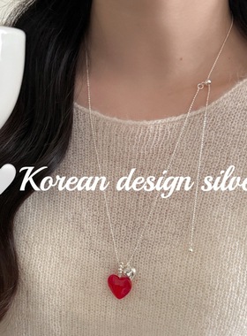 韩版博主同款ins风设计毛衣链 S925纯银简约红色爱心抽拉项链叠戴
