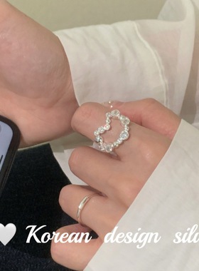 韩版2025秋冬新款轻奢指环S925纯银爆闪镂空爱心锆石拼接戒指