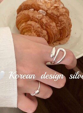 韩国简约小众设计感银饰 S925纯银镂空水滴开口戒指高级感清冷风
