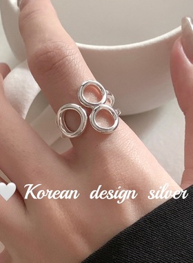 韩国ins风银饰品 S925纯银镂空三圆开口戒指 小众设计感女