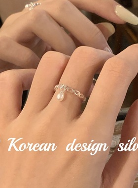 韩国小众设计亮银 S925纯银爱心珍珠戒指 简约时尚女食指环ins风