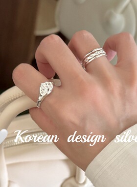 韩系小众简约ins风饰品 S925纯银椭圆凹面肌理感戒指叠戴高级感女