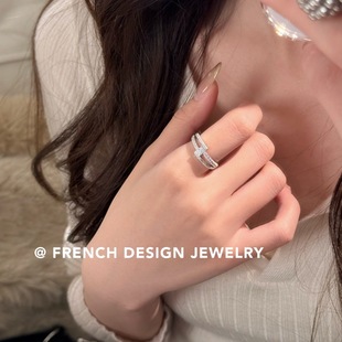 复古高级感精致S925纯银拉丝交叉双层戒指超美法式 简约开口食指