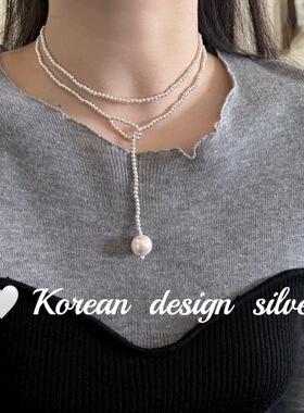 韩国2025年秋冬新款毛衣链 S925纯银长款圆珠珍珠可调节项链高级