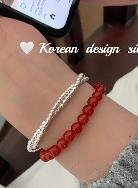 韩版Ins风设计饰品 S925纯银红黑玛瑙银珠手链叠戴简约气质女