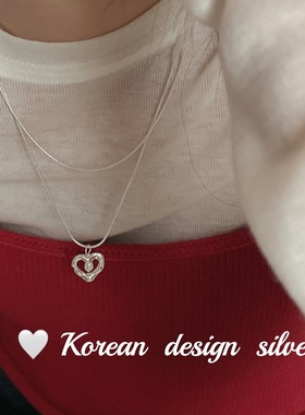 韩国ins博主同款饰品 S925纯银爱心形珍珠双层设计毛衣链 女项链