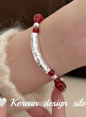 韩版ins博主同款手工银饰 S925纯银一字亮片红玛瑙弹力绳手链显白