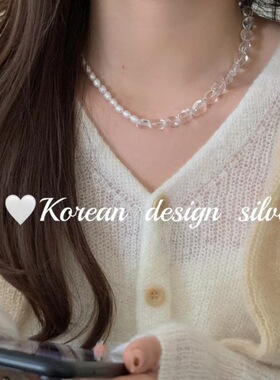 韩国ins小众设计锁骨链 S925纯银ab款水晶天然珍珠项链高级气质
