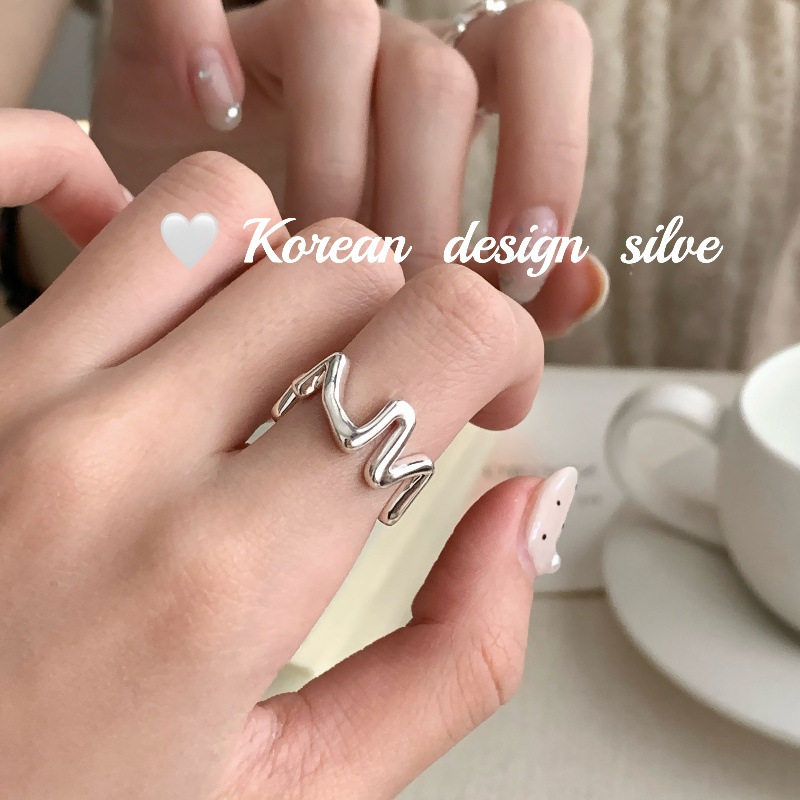 韩国ins博主同款饰品 S925纯银心电波纹戒指叠戴高级感简约指环女