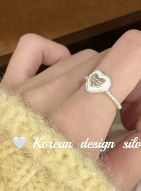 韩国ins风博主同款饰品 S925纯银爱心英文滴胶戒指小众高级感