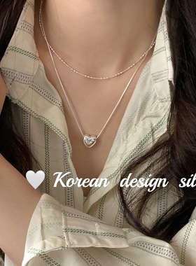韩国东大门银饰品 S925纯银不规则双层爱心项链 ins风锁骨链女款
