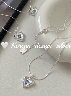 韩国ins风博主同款饰品 S925纯银肌理纹爱心形蓝钻项链锁骨