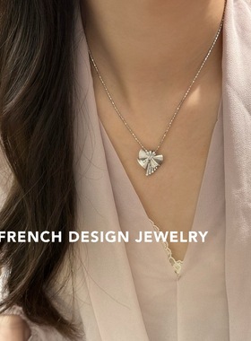 法式布契风拉丝镶钻蝴蝶结项链S925纯银锁骨链女优雅礼服配饰