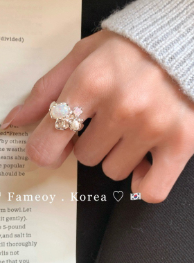 日系韩版小众设计感指环 S925纯银花朵澳宝戒指 叠戴开口ins风女