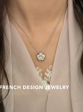 法式小众布契风拉丝锁骨链 S925纯银 花朵合成立方氧化锆项链优雅