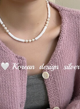 韩国ins秋冬手工锁骨链 S925纯银海西贝壳天然珍珠项链 叠戴小众