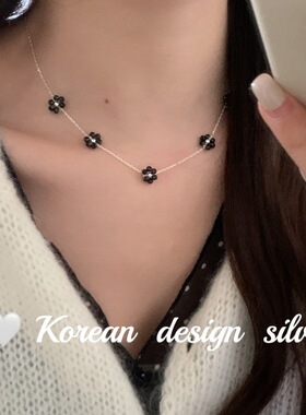 韩国ins风高级感银饰品 S925纯银黑玛瑙花花拼接项链简约创意
