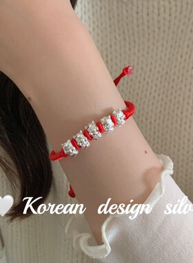 中式新款手工编织银饰品 999足银 五福小龙红绳手链显白小众设计