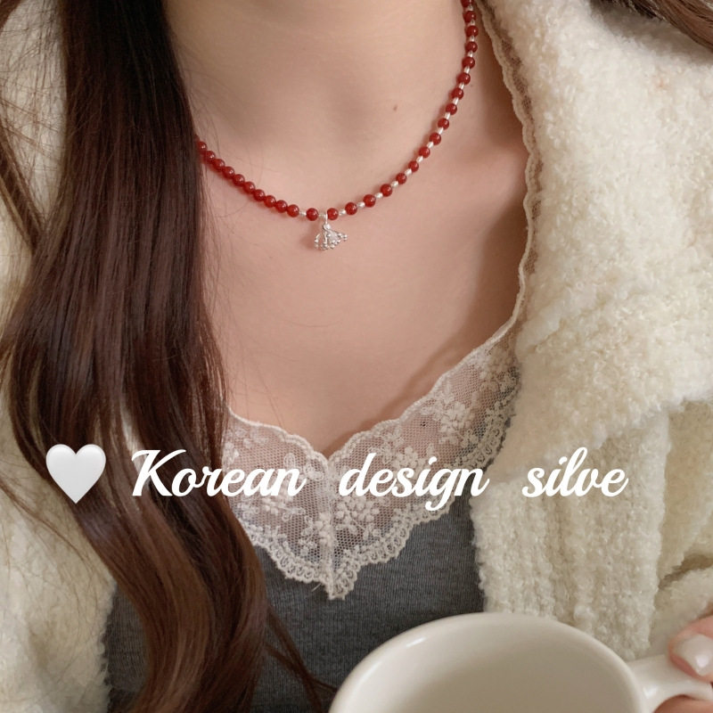 韩国ins风手工设计饰品 S925纯银红玛瑙烟花项链秋冬气质高级感女
