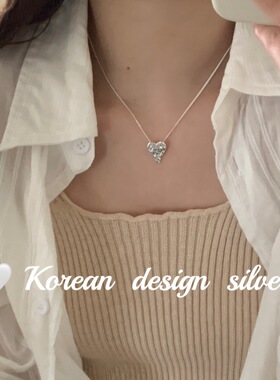 韩国ins风博主同款饰品 S925纯银肌理纹爱心英文项链女百搭锁骨