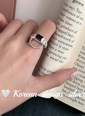 韩国亮面ins风银饰品 S925纯银方形黑玛瑙镂空圆戒指 可调节指环