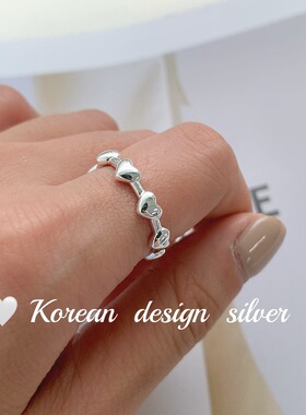 韩版小众设计感通体S925纯银简约时尚爱心形戒指开口指环 叠戴女