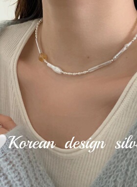 韩国ins小众设计银饰品 S925纯银方形巴洛克珍珠金发晶项链高级感