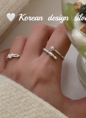 韩版个性设计简约银饰品 S925纯银ab款椭圆拼接珠珠开口戒指小众