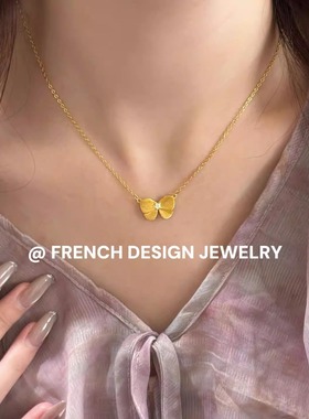 法式布契风拉丝蝴蝶结项链S925纯银轻奢精致优雅女礼服配饰品百搭