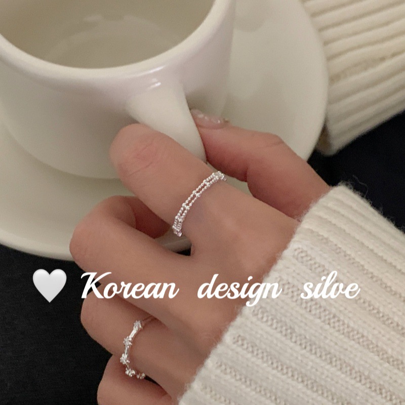 韩版秋冬小众设计感银饰 S925纯银极简双层珠珠拼接戒指叠戴高级