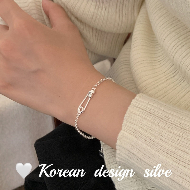 韩版Ins风小众简约高级感饰品 925纯银爱心回形针手链精致叠戴女