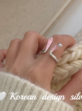 韩系小众设计感银饰 S925纯银可爱粉滴釉兔耳朵开口戒指叠戴ins风