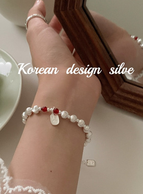 韩版ins博主同款2o24新款饰品 S925纯银招财纳福车花珠手链女叠戴