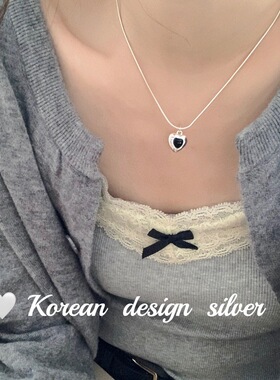 韩国东大门饰品 S925纯银立体爱心黑玛瑙项链 ins风女叠戴