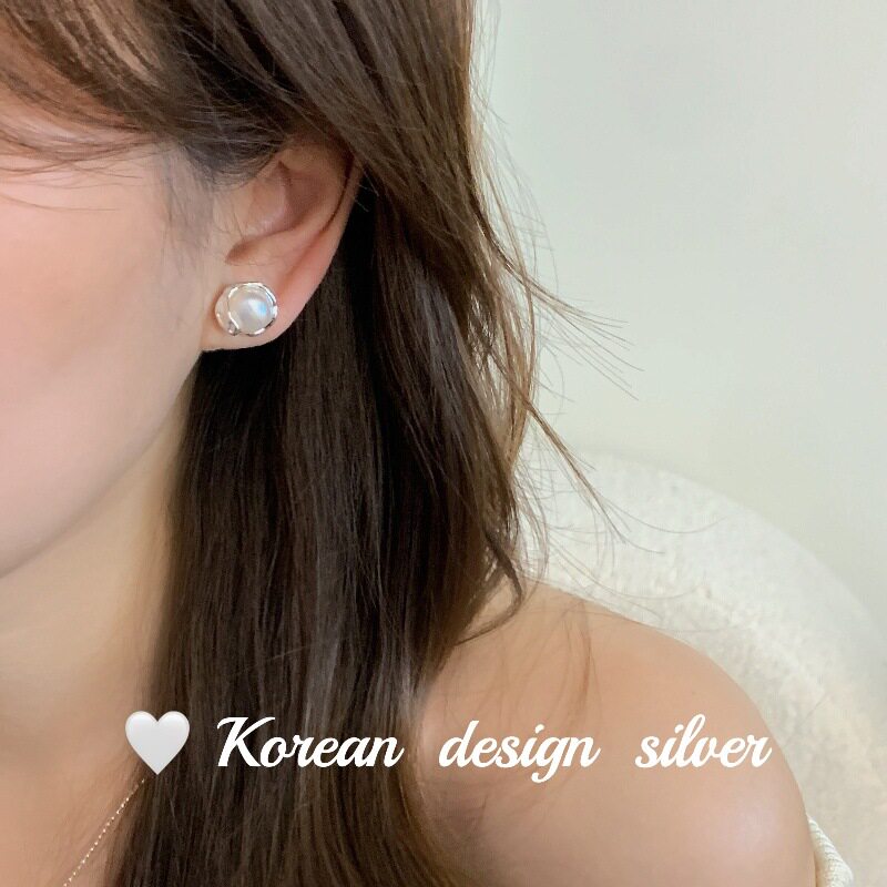 韩国设计亮银饰品 S925纯银肌理纹珍珠耳钉女 精致ins风简约个性