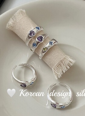 韩国ins博主同款戒指 S925纯银彩色宝石爱心锆石戒指高级感精致