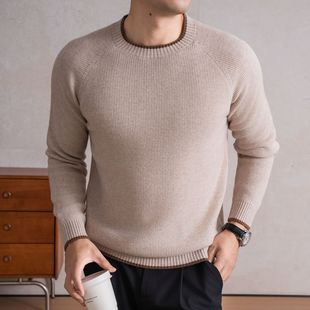 鑲邊青年休閑100純羊毛男毛衣 秋冬加厚保暖圓領玉米格針法插肩袖