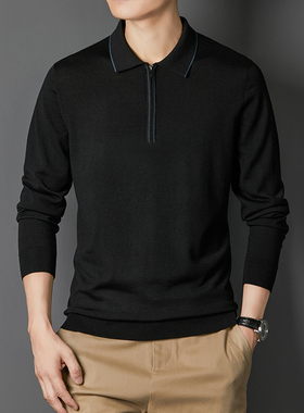 秋冬16针精纺100纯羊毛中年休闲拉链镶边翻领可机洗男毛衣针织衫