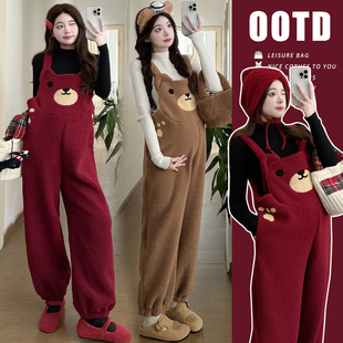 大码孕妇装背带裤秋冬季新款时尚可爱减龄羊羔毛加绒连体裤200斤