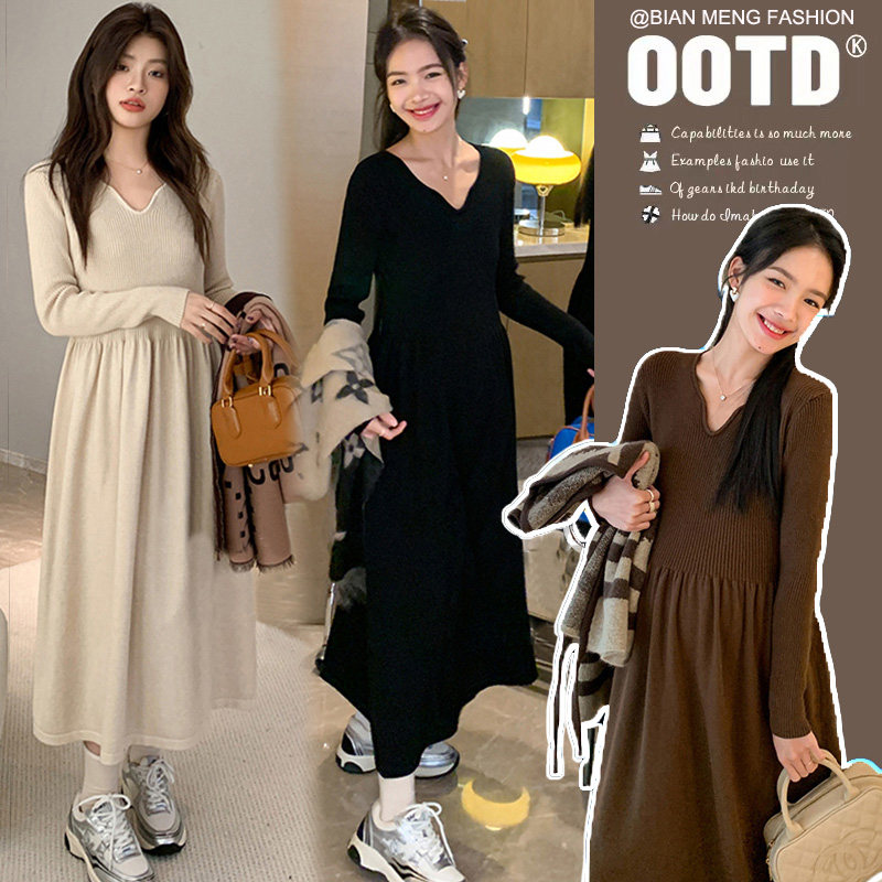 大码孕妇时尚V领百搭减龄针织连衣裙春秋季显瘦打底毛衣裙潮200斤,孕妇装/孕产妇用品/营养,毛衣,淘宝优惠券,粉丝福利购,淘宝优惠卷